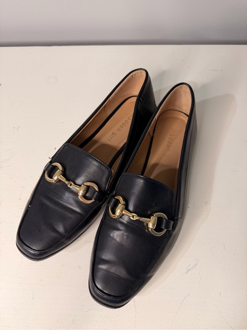 Madden Girl Black Leather Loafers with Gold Horsebit